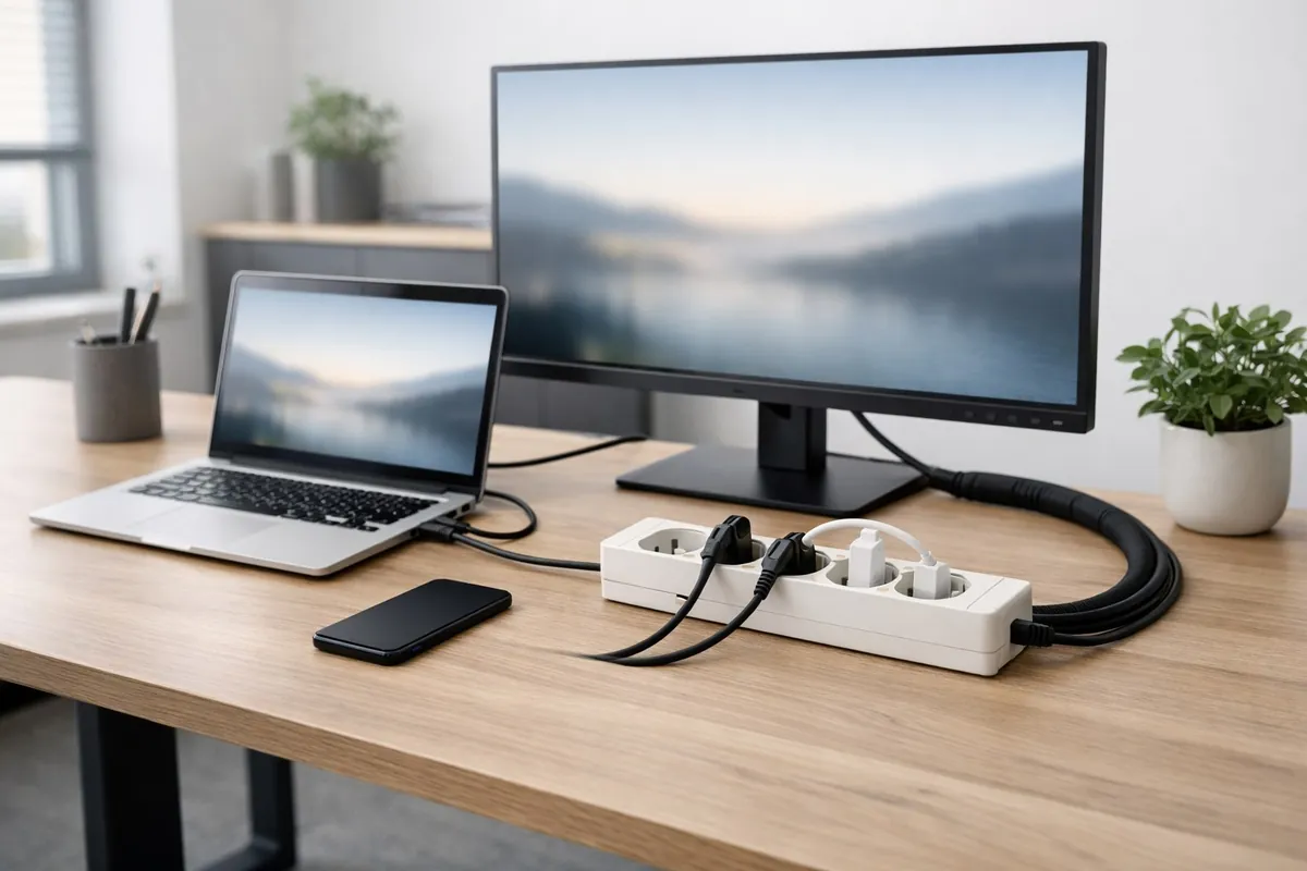 Büroarbeitsplatz mit Monitor, Netzteilen und Steckdosenleiste