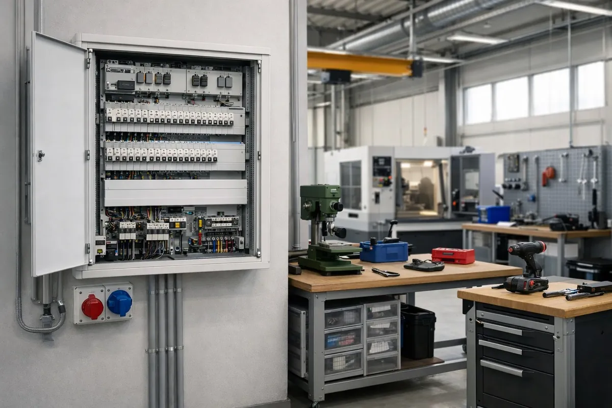 Ortsfeste Verteilung und Handwerkzeuge in der Produktionshalle