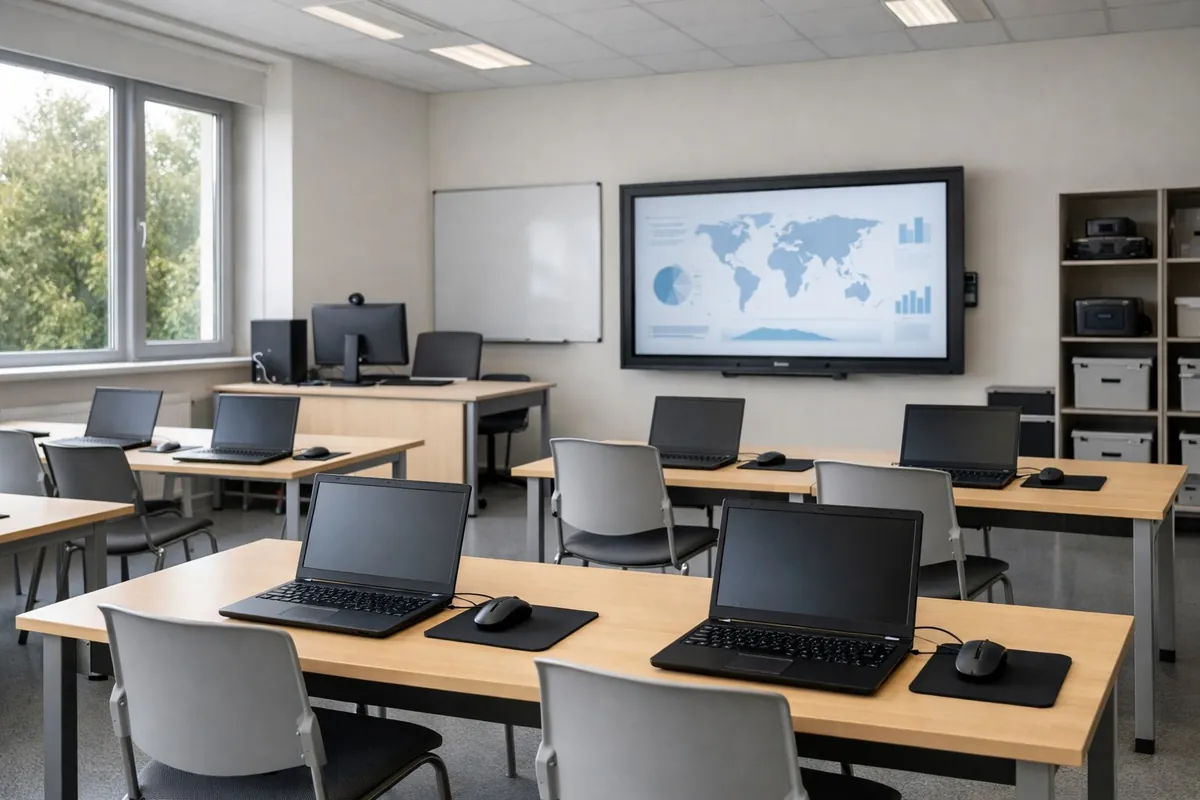 Klassenraum mit Beamer, Tablet-Ladewagen und IT